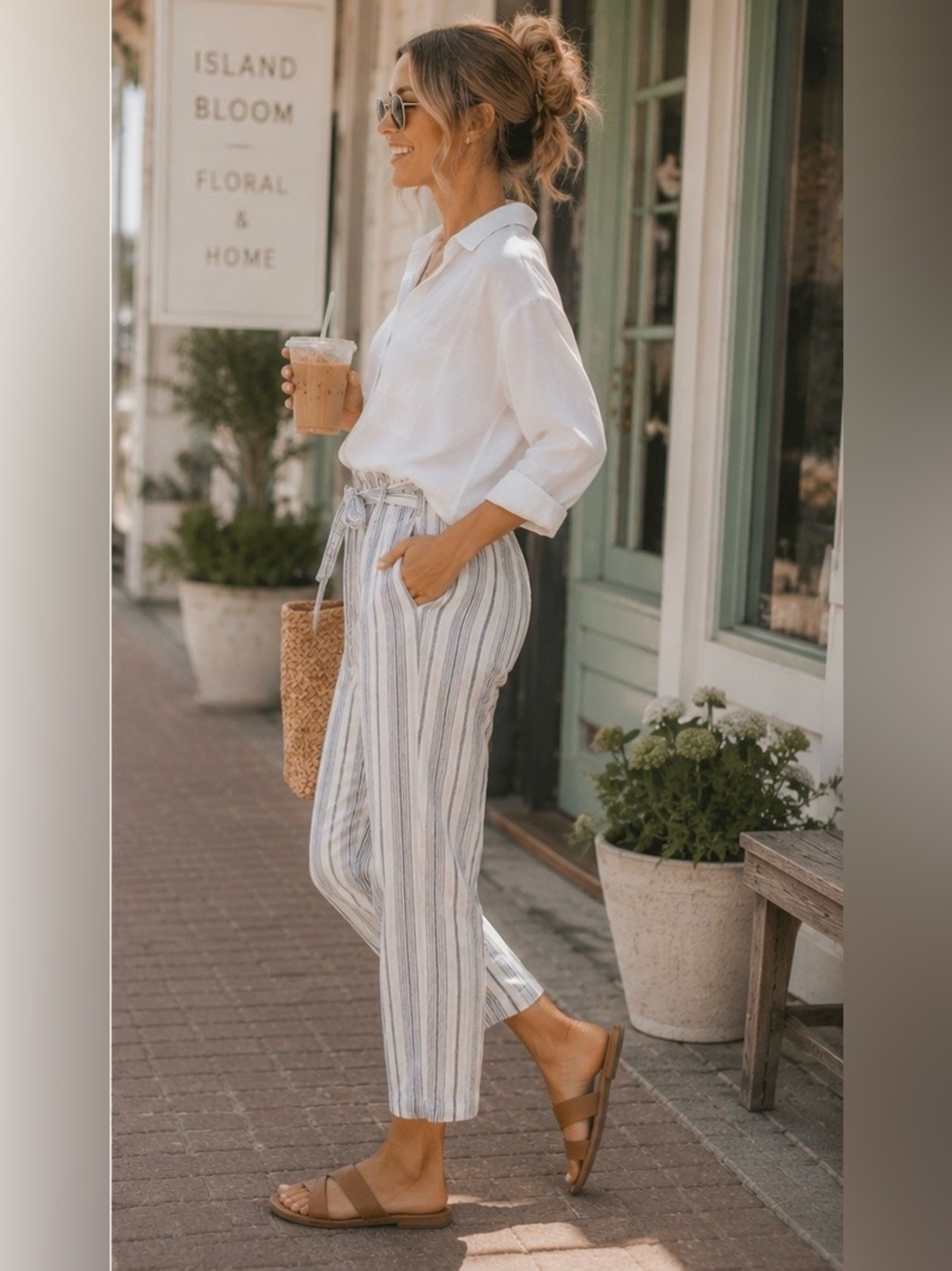 Madewell Linen Paperbag Pants Size 10 Coastal Stripe Crop Tie Waist Summer - Picture 14 of 14